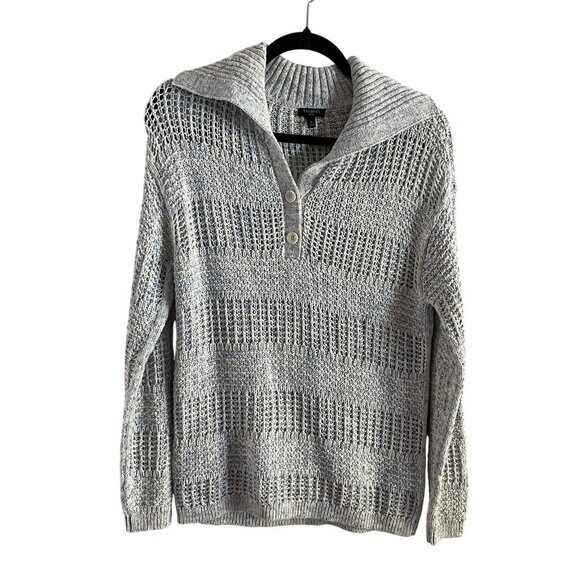 Talbots Sz MP Blue Spray Tape Preppy Coastal Open Stitch Sailor Collar Sweater - Picture 2 of 10